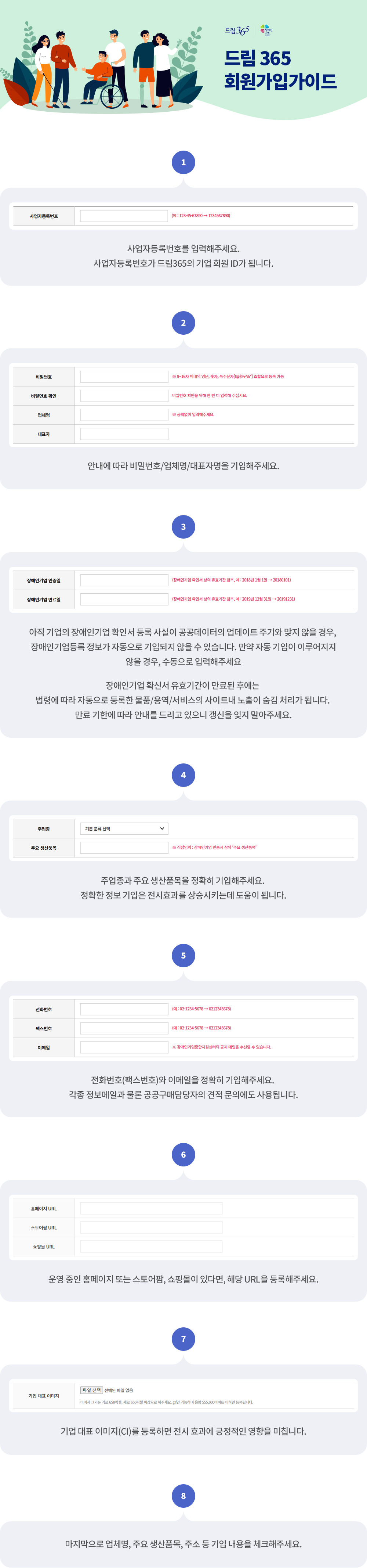 드림365 기업회원 회원가입 가이드 1.사업자등록번호를 입력해주세요 사업자등록번호가 드림365의 기업회원 ID가 됩니다 2.안내에 따라 비밀번호/업체명/대표자명을 기입해주세요.
						3.아직 기업의 장애인기업 확인서 등록 사실이 공공데이터의 업데이트 주기와 맞지 않을 경우, 장애인기업등록 정보가 자동으로 기입되지 않을 수 있습니다 만약 자동 기입이 이루어지지 않을 경우, 수동으로 입력해주세요 장애인기업 확인서 유효기간이 만료된 후에는 법령에 따라 자동으로 등록한 물품/용역/서비스의 사이트내 노출이
						숨김 처리가 됩니다 만료 기한에 따라 안내를 드리고 있으니 갱신을 잊지 말아주세요 4.주업종과 주요 생산품목을 정확히 기입해주세요 정확한 정보 기입은 전시효과를 상승시키는데 도움이 됩니다 5.전화번호(팩스번호)와 이메일을 정확히 기입해주세요 각종 정보메일은 물론 구매회원의 견적 문의에도 사용됩니다 
						6.운영 중인 홈페이지 또는 스토어팜,쇼핑몰이 있다면, 해당 URL을 등록해주세요 7.기업 대표 이미지(CI)를 등록하면 전시 효과에 긍정적인 영향을 미칩니다 8.마지막으로 업체명, 주요 생산품목 주소 등 기입 내용을 체크해주세요